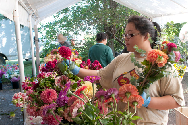 Hmong woman arranging flowers for sale at a Saint Paul farmers market